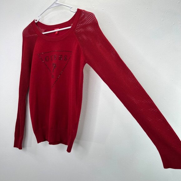 Guess Sweater S Women Red Pullover Triangle Logo Rhinestone Accents Crochet Arms - Picture 4 of 8